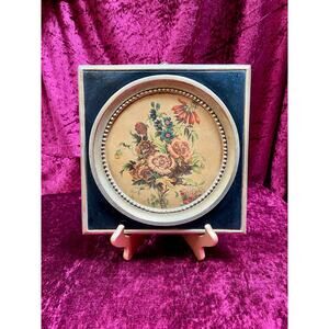 Vintage Decor Italian Plaque Black Gold Frame Muted Pink Floral Bouquet Borghese